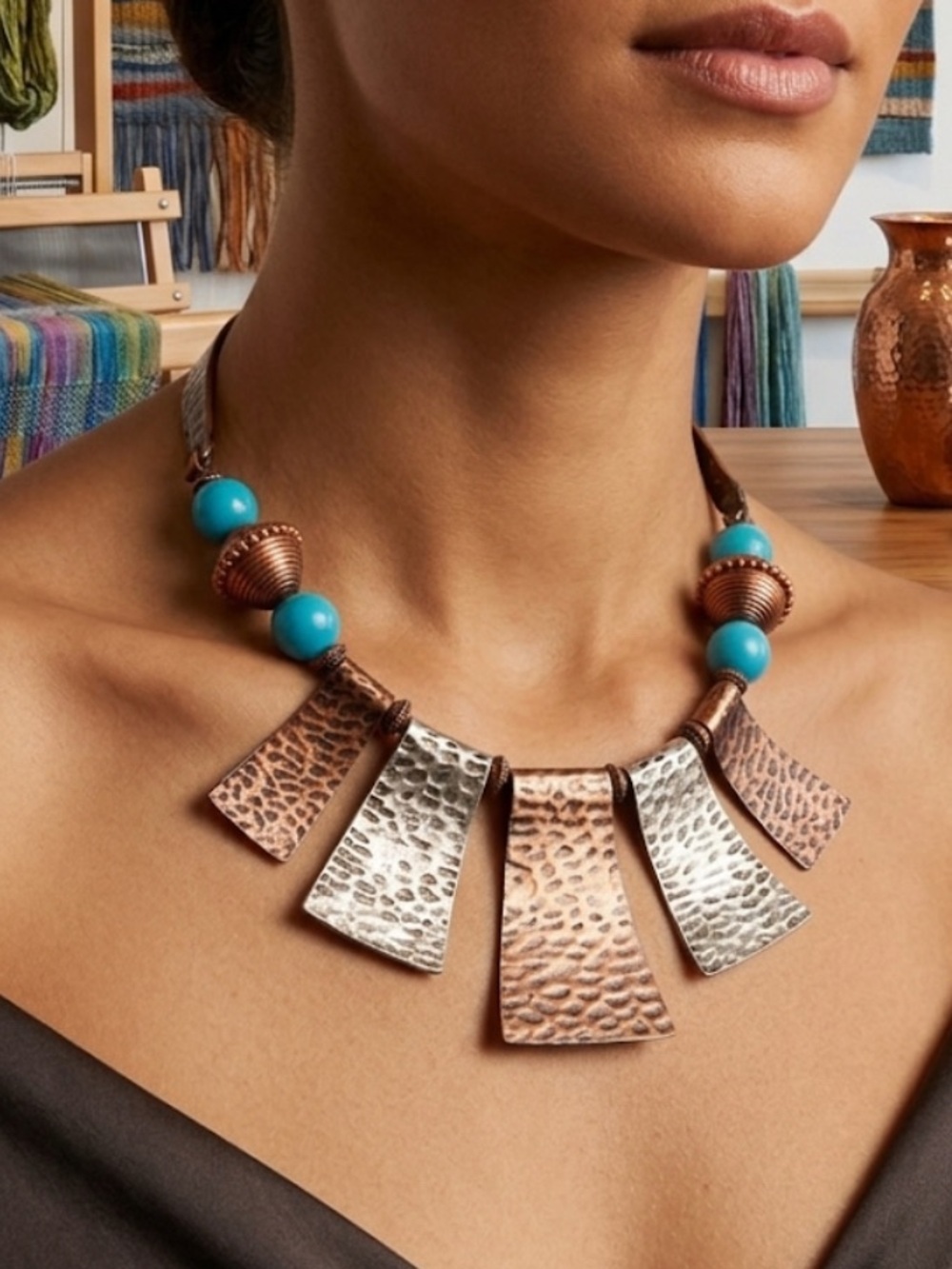 Handcrafted Copper Hammered Pendant Necklace With Earrings Set